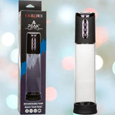 The CalExotics Peak Rechargeable Penis Pump features a transparent chamber, black top, and blue mountain design on its box. It offers automatic suction pump technology for intimate enhancement and is shown next to its product packaging.